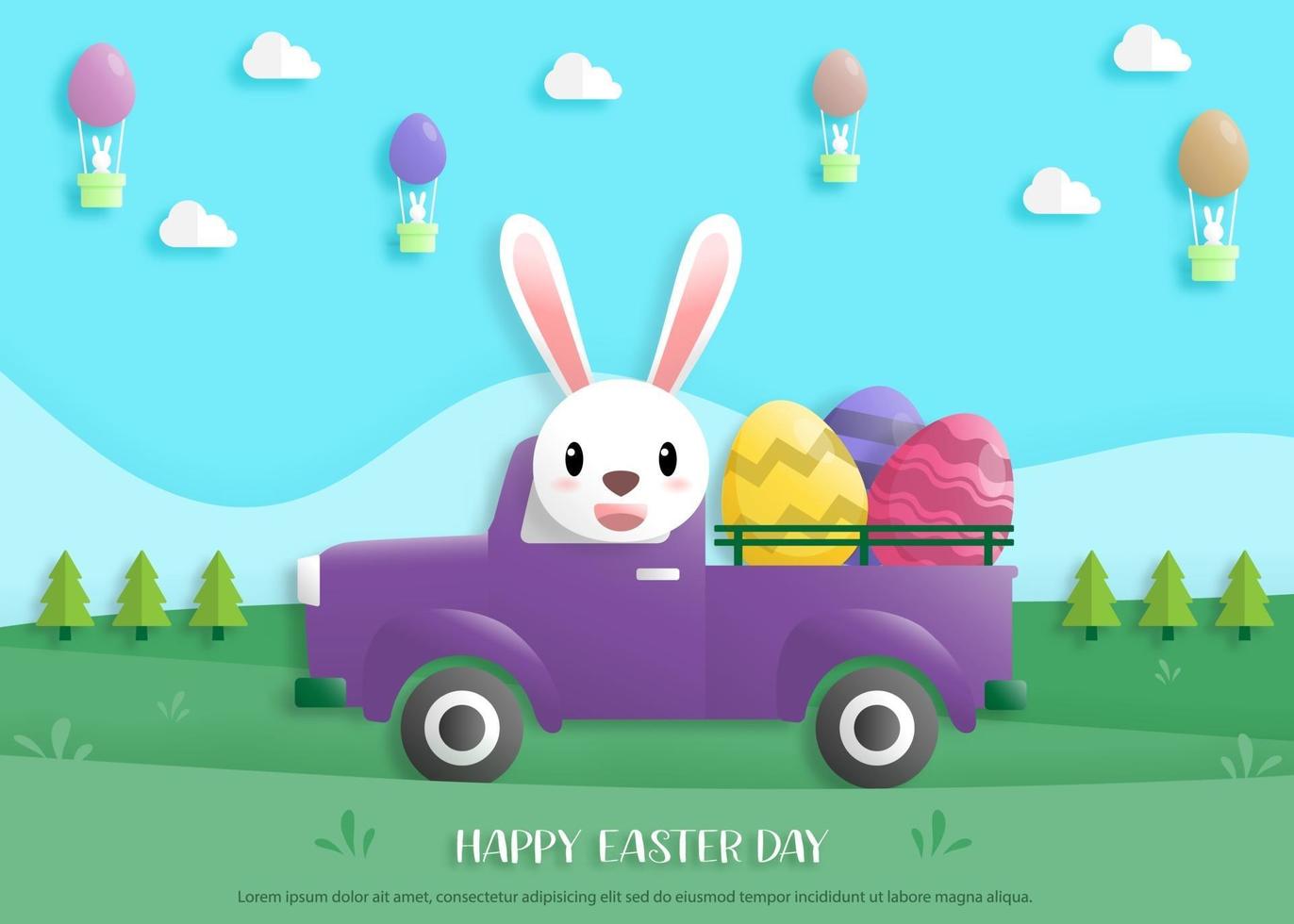 Happy easter day in paper art style with rabbit and easter eggs vector