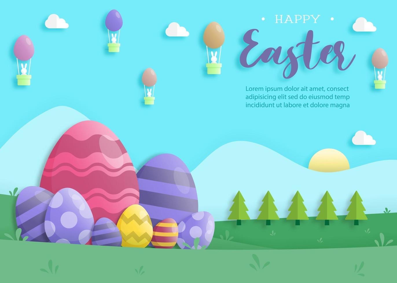 Happy easter day in paper art style with rabbit and easter eggs vector