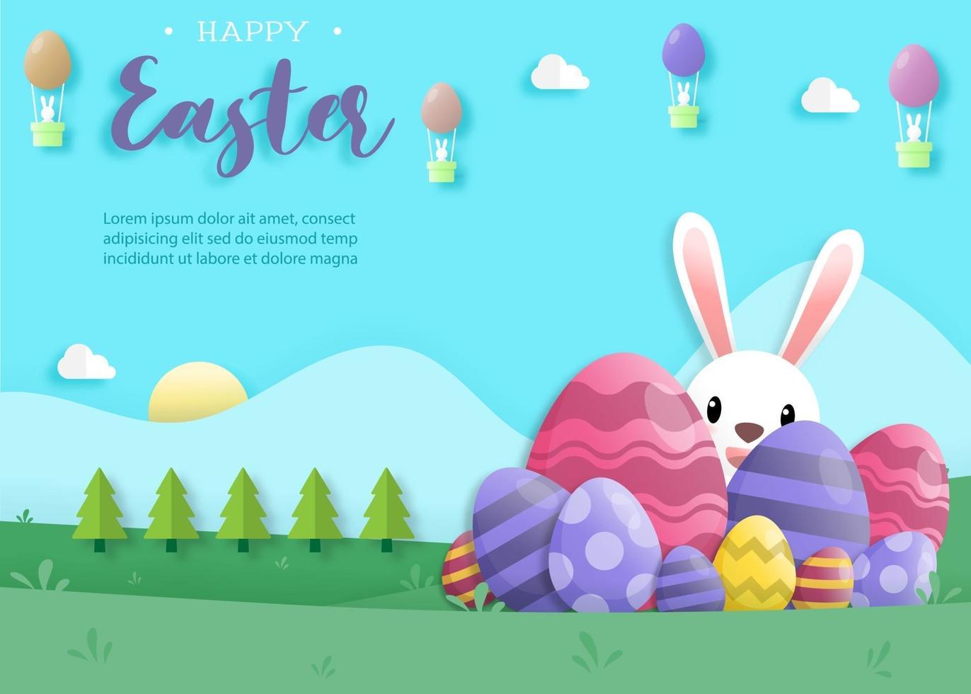 Happy easter day in paper art style with rabbit and easter eggs vector