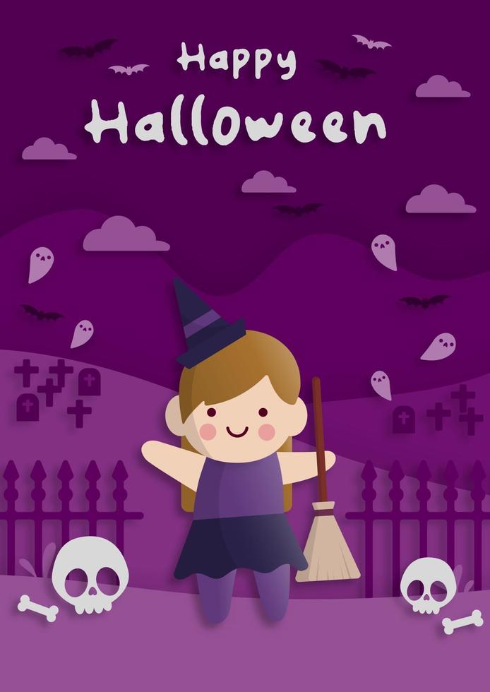 feliz fiesta de halloween en estilo de arte de papel con un niño vestido con un disfraz de bruja vector