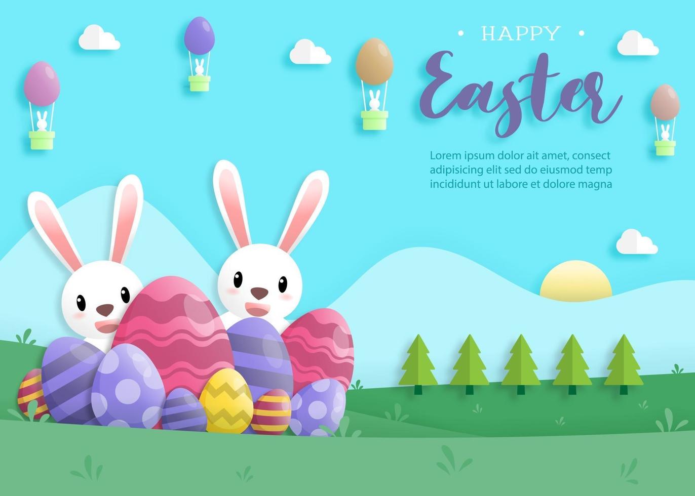 feliz día de pascua en estilo de arte en papel con conejo y huevos de pascua vector