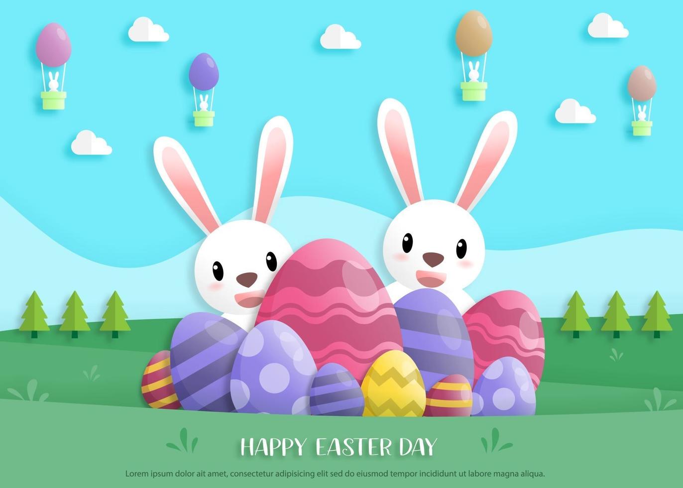 feliz día de pascua en estilo de arte en papel con conejo y huevos de pascua vector