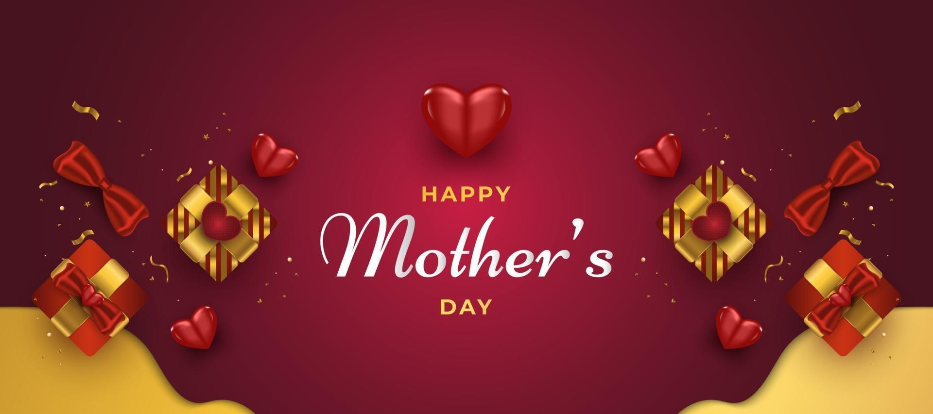 Mothers Day Greeting Card or Banner with Hearts and Gift Box in Red and Gold vector