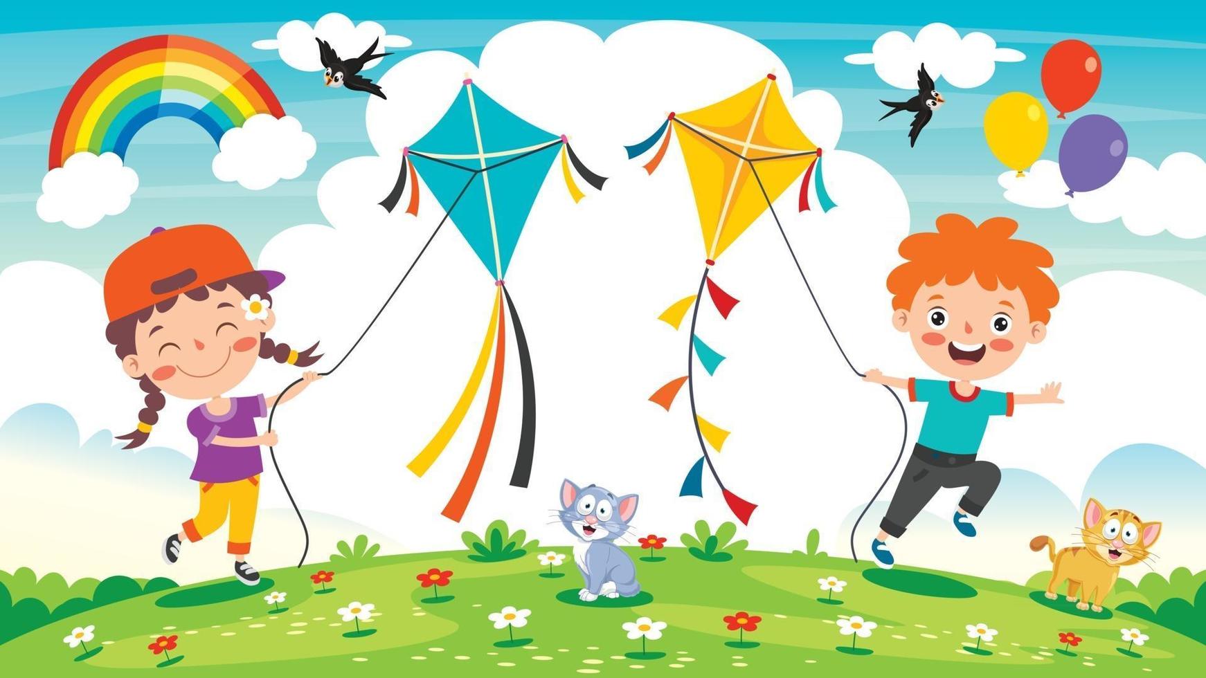 Kid Playing With A Colorful Kite vector
