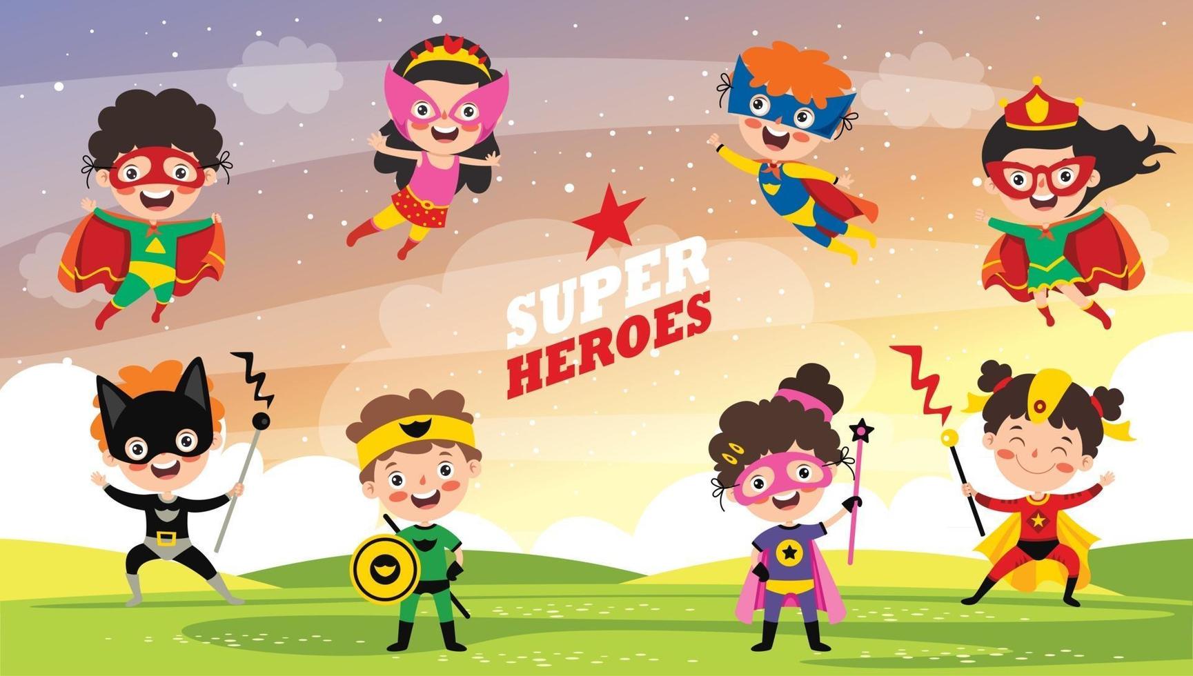 pequeños superhéroes divertidos dibujos animados posando 2396054 Vector en  Vecteezy