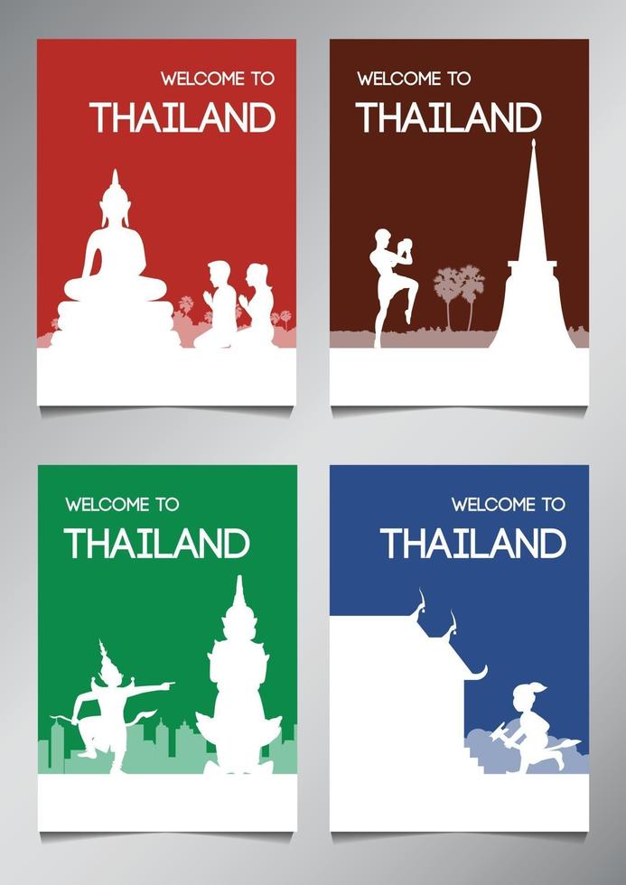 Tailandia, Inglaterra, famoso monumento y símbolo en estilo silueta con conjunto de folletos temáticos de varios colores vector