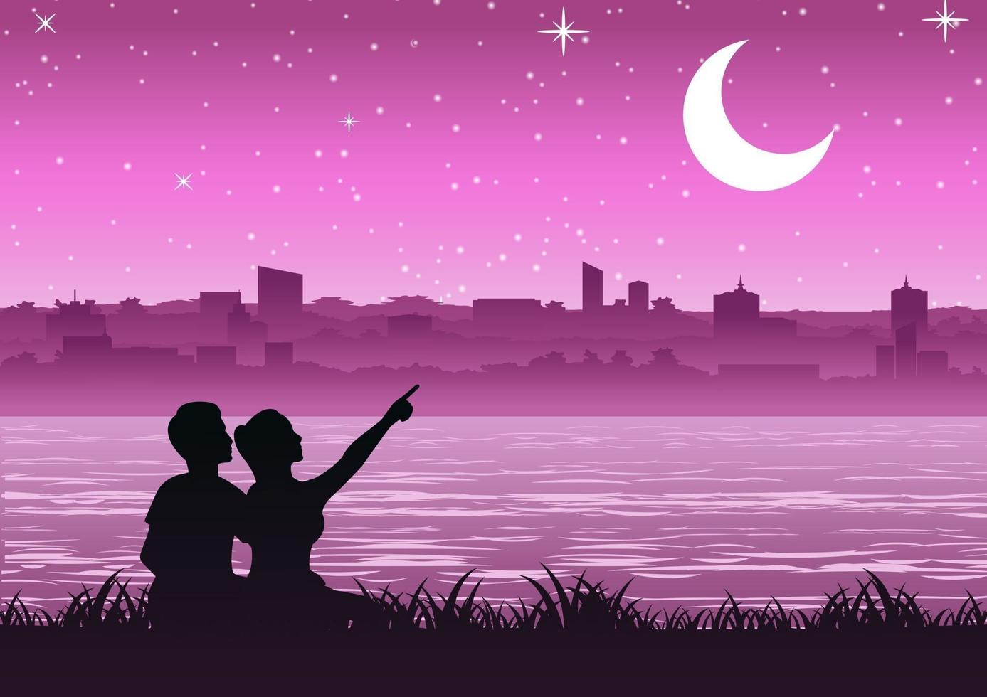 couple pointing to  the moon above the city near a riverside vector