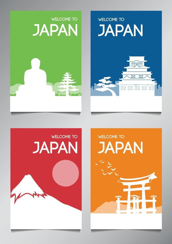 Japón famoso monumento y símbolo en estilo silueta con conjunto de folletos temáticos de varios colores vector