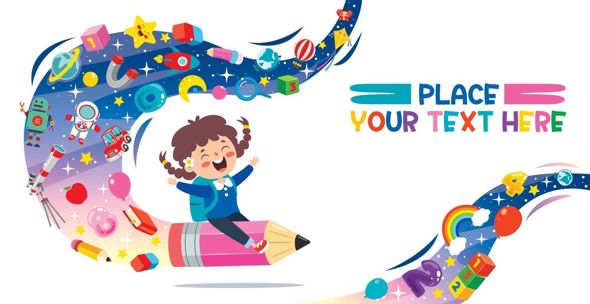 Funny Kid Flying On Colorful Pencil vector