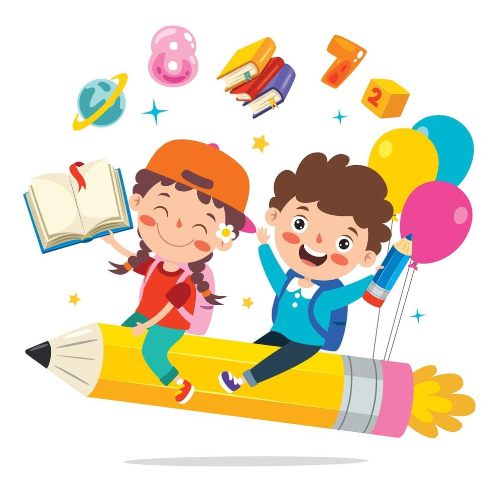 Funny Kids Flying On Colorful Pencil vector