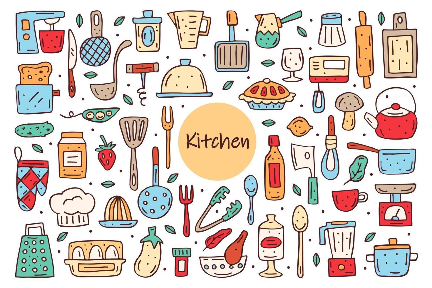 Kitchen elements cute doodle hand drawn vector clipart