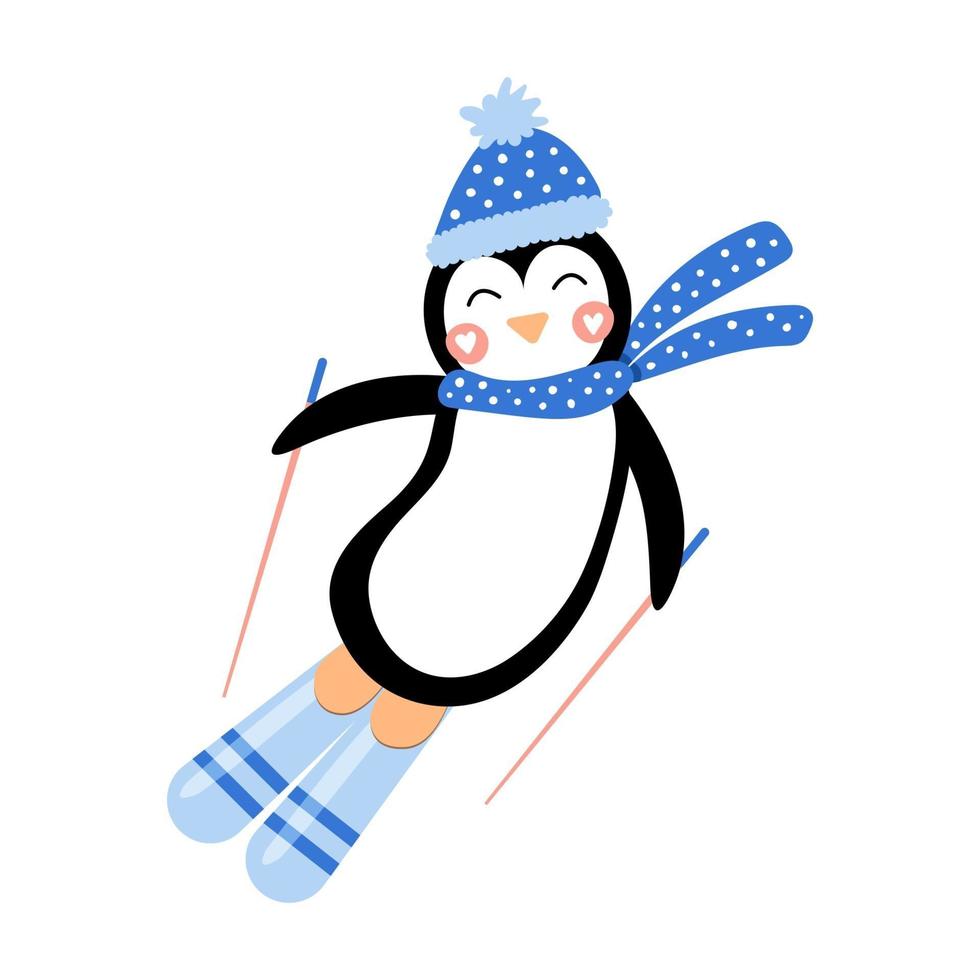 Cute character penguin in a hat and scarf on ski Vector illustration