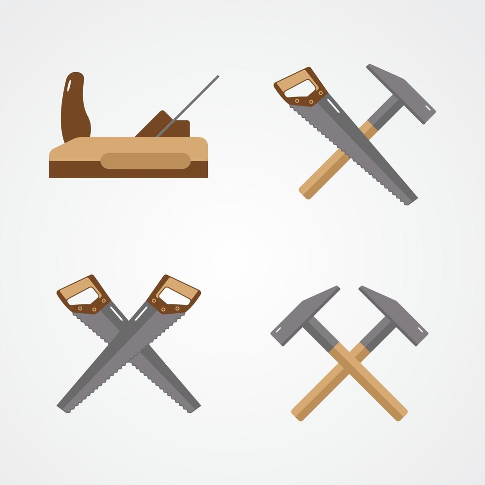 Carpenter tools isolated on white background Set flat icons Saw hammer plane vector