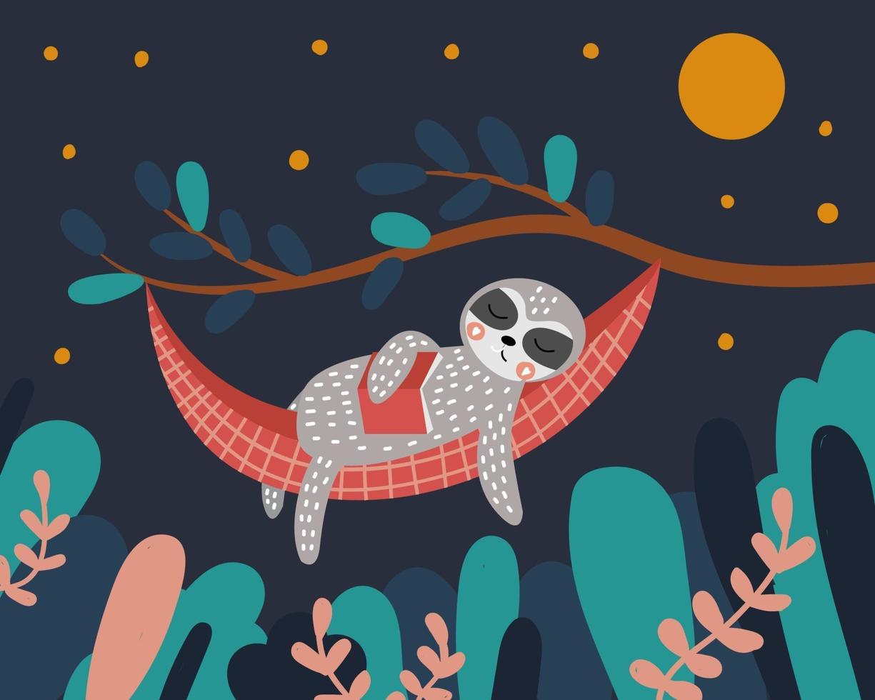 Cute sloth sleeps in a hammock with a book in his hands Night in the forest The tree and leaves vector