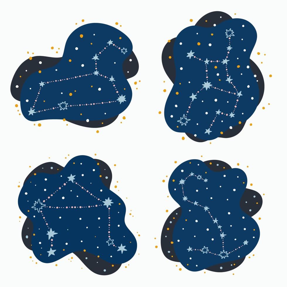 Set cute constellation zodiac signs leo virgo libra scorpio Doodles hand drawn stars and dots in abstract space vector