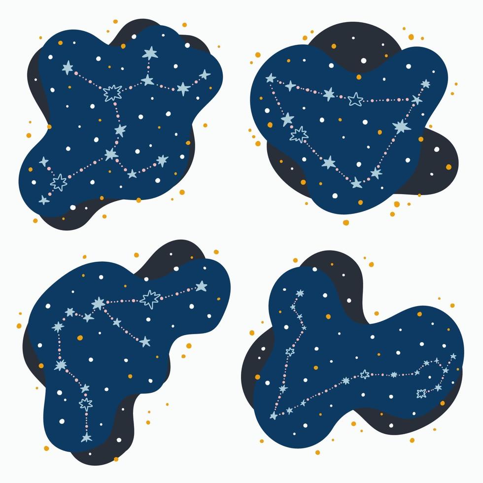 establecer lindo constelación signos del zodíaco sagitario capricornio piscis acuario garabatos dibujados a mano estrellas y puntos en el espacio abstracto vector