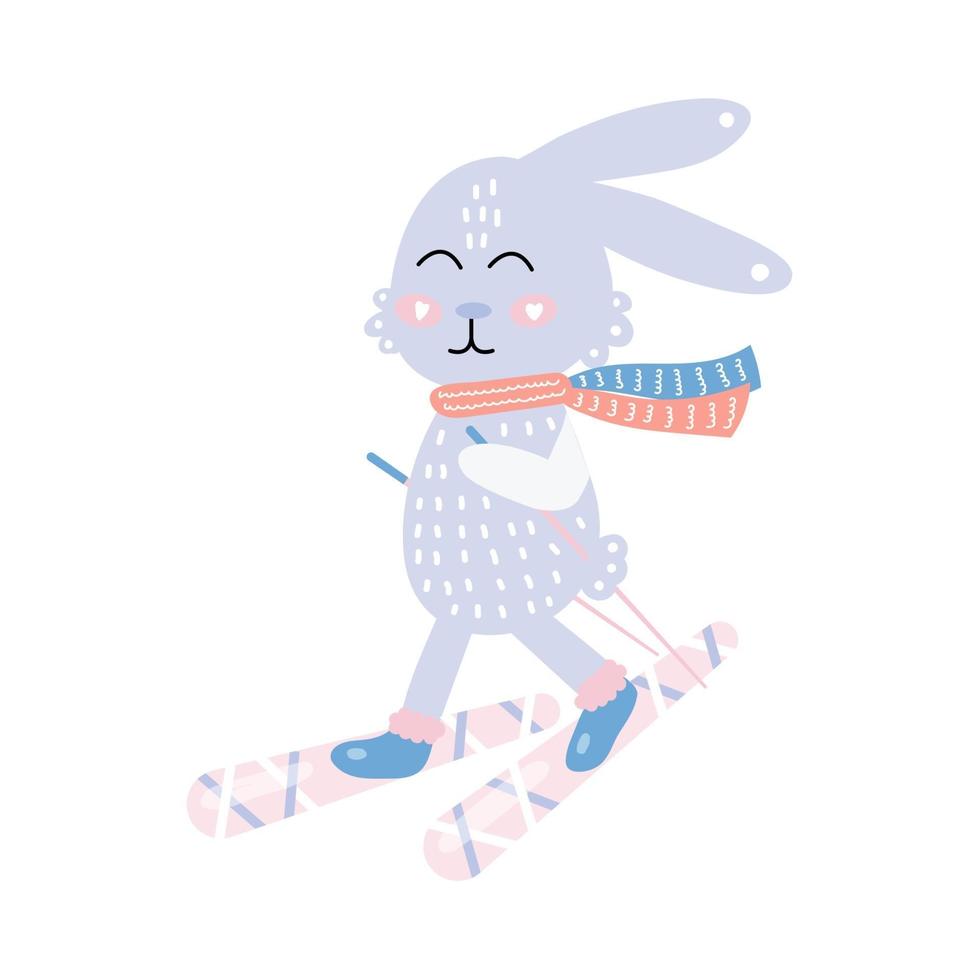 Cute hare on skis Funny rabbit Vector illustration for kids