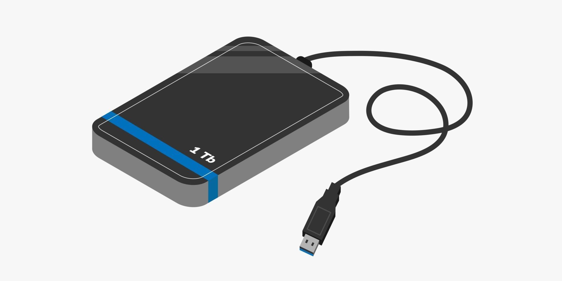 Isolated external hard drive with USB connector isometric vector