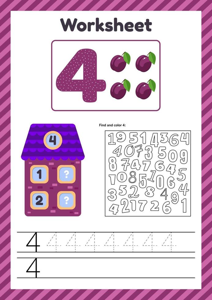 Worksheet count for kids House Number bonds Trace line The study of mathematics for children of kindergarten preschool age Four 4 vector