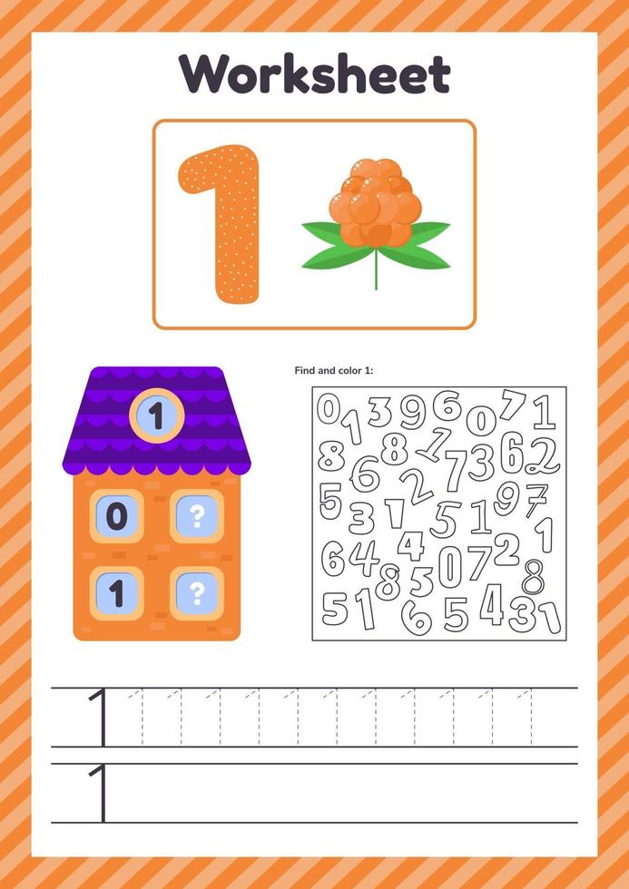 Vector illustration Worksheet count for kids Berry House Number bonds Trace line The study of mathematics for children of kindergarten preschool age One 1