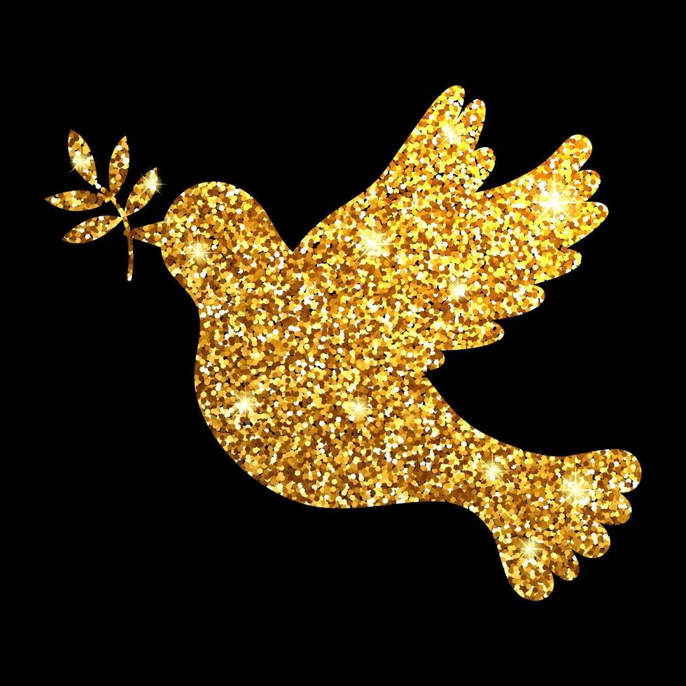 Gold glitter dove on black background Silhouette pigion Symbol peace vector