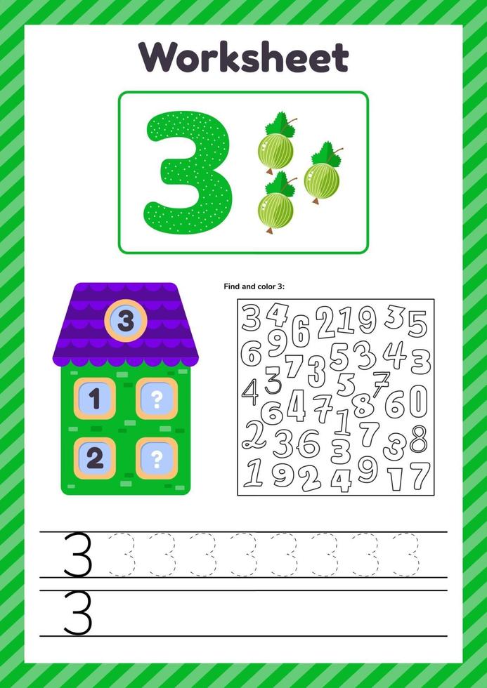 Vector illustration Worksheet count for kids Berry House Number bonds Trace line The study of mathematics for children of kindergarten preschool age Three 3