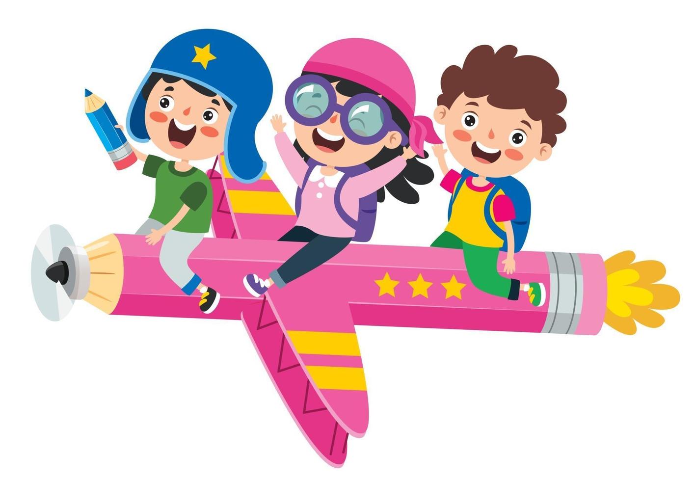 Funny Kid Flying On Colorful Pencil vector