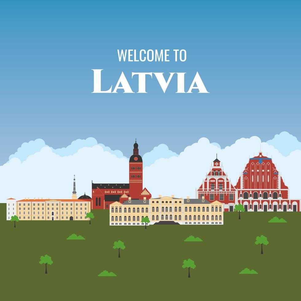 Latvia country design template with famous building landmarks. Flat cartoon style historic sight showplace web vector illustration. World vacation travel Europe European collection.