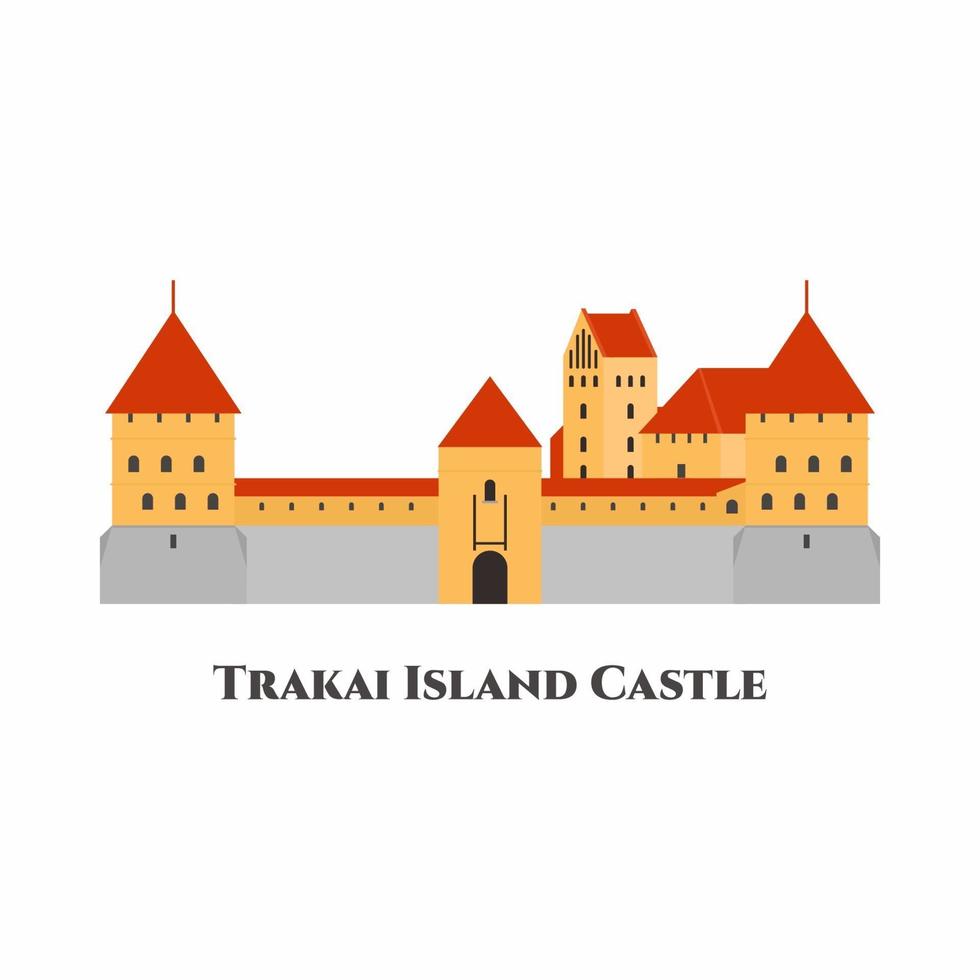 Trakai Island Castle in Trakai, Lithuania. One of the best castle and worth to visit. World vacation travel Europe European. Flat cartoon style historic sight showplace web vector illustration