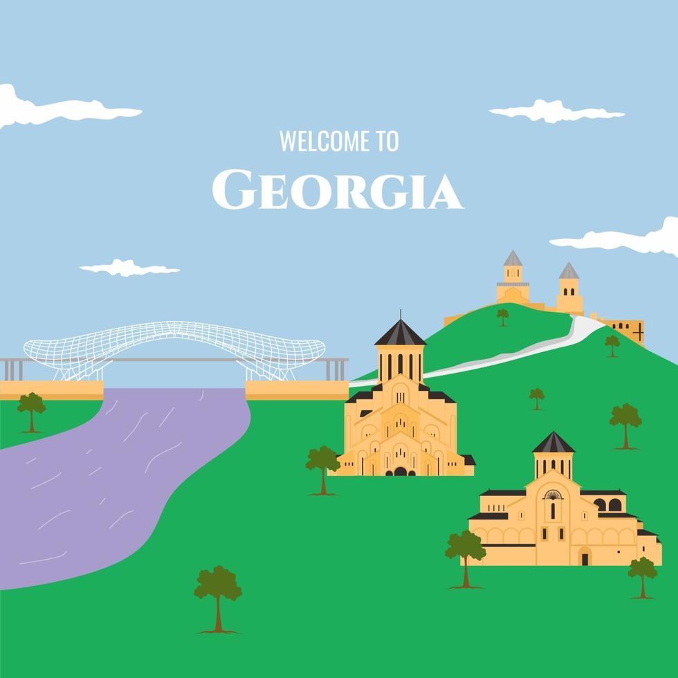 Flat vector illustration set of Georgia consisting of landmark attractions and cultures. Famous buildings landmark in cartoon style. Bright design for tourist posters, banners, leaflets, prints