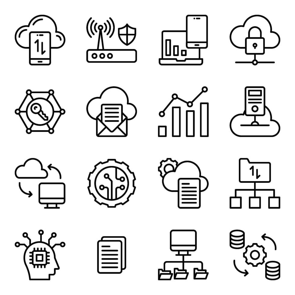 paquete de iconos lineales de gestión de datos en la nube vector