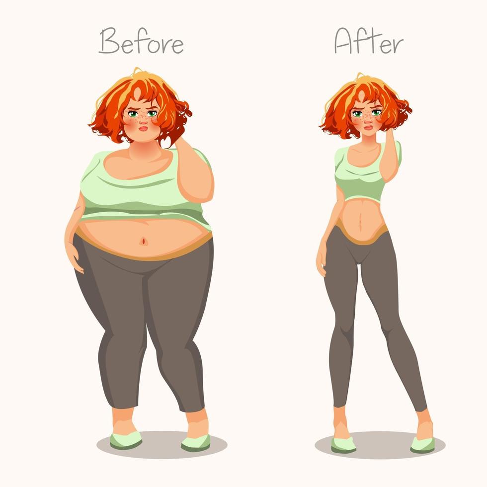 Concepto de chicas gordas y flacas de peso antes y después de la ilustración vectorial vector