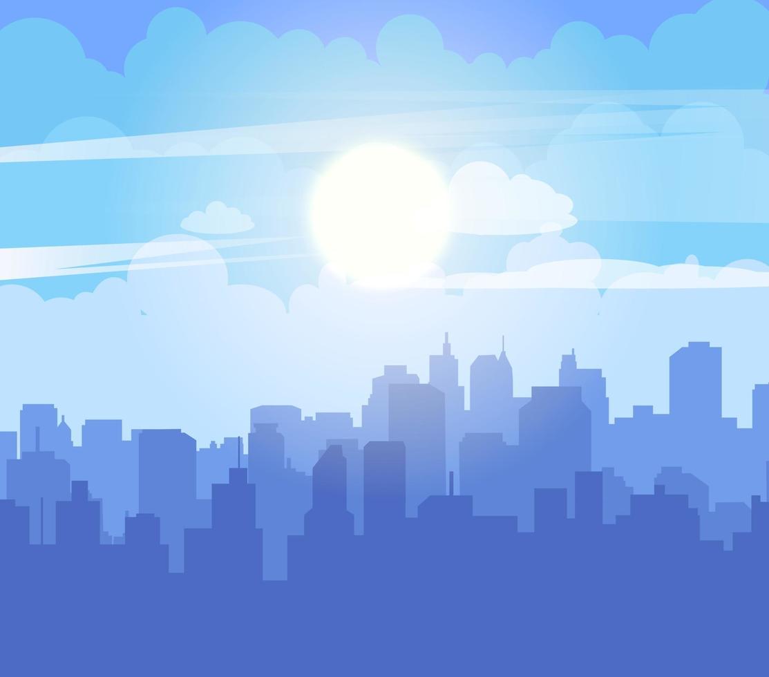 Flat cityscape with blue sky white clouds and sun Modern city skyline flat panoramic vector background Urban city tower skyline illustration