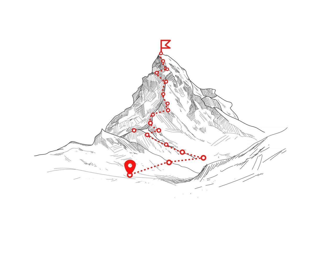 Mountain climbing route to peak Business journey path in progress to success vector concept Mountain peak climbing route to top rock illustration