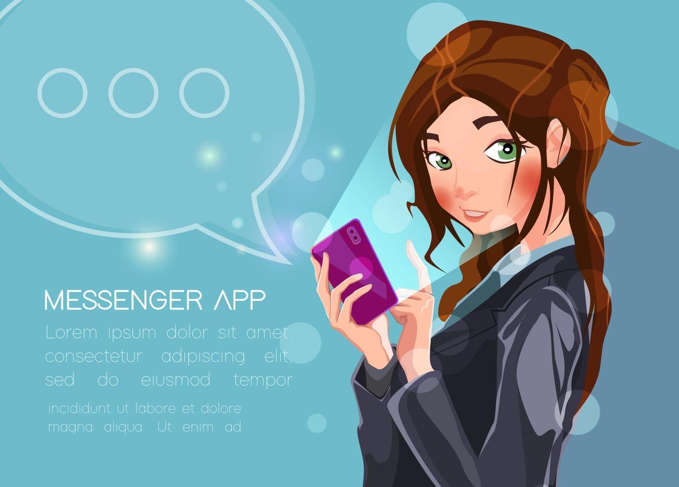 Mobile messenger app for texting messages to colleagues Concept flat vector illustration of young business woman holds smartphone with speech bubble for corporate texting and sharing projects data