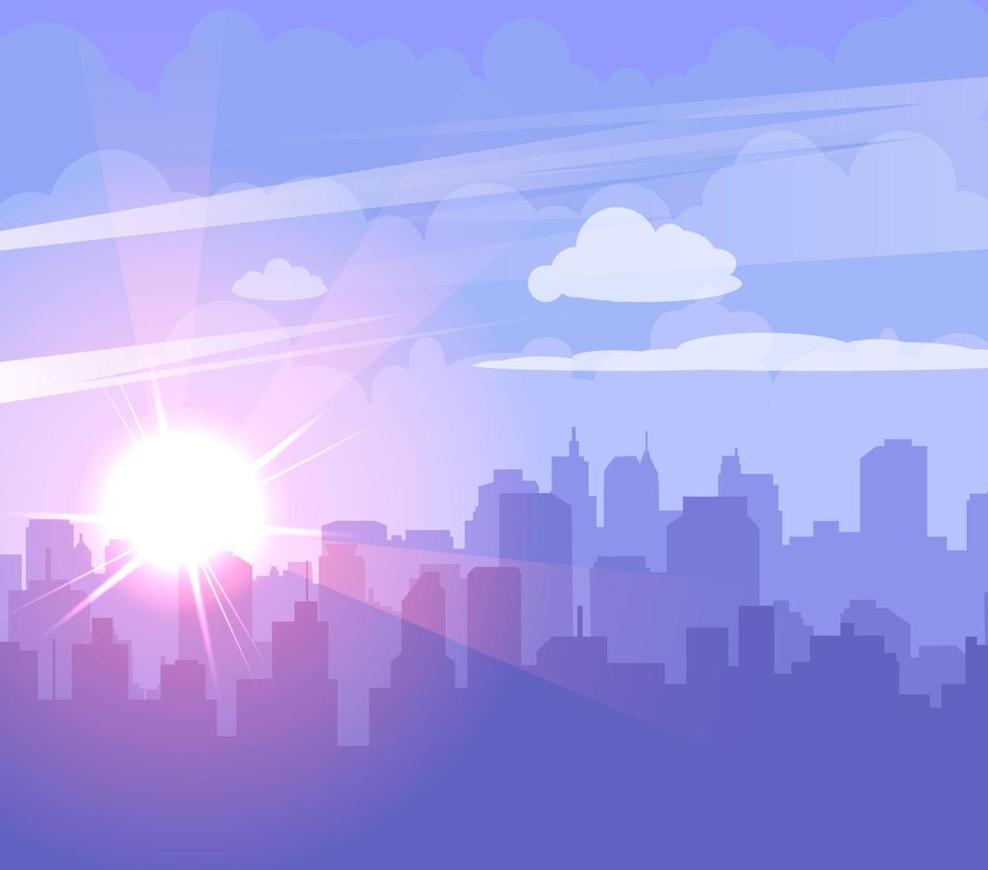 paisaje urbano plano con cielo púrpura nubes blancas y sol vector