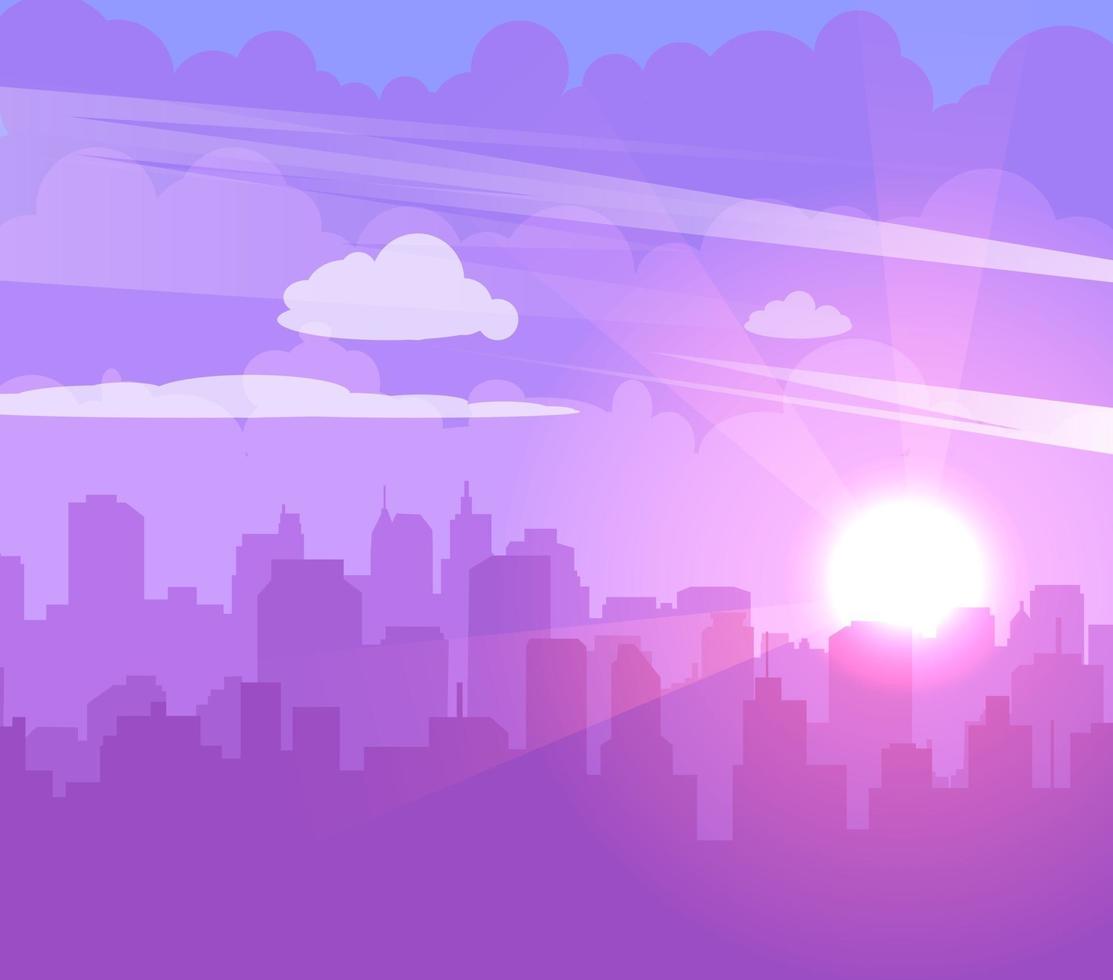 Flat cityscape with purple sky white clouds and sun Modern city skyline flat panoramic vector background Urban city tower skyline illustration