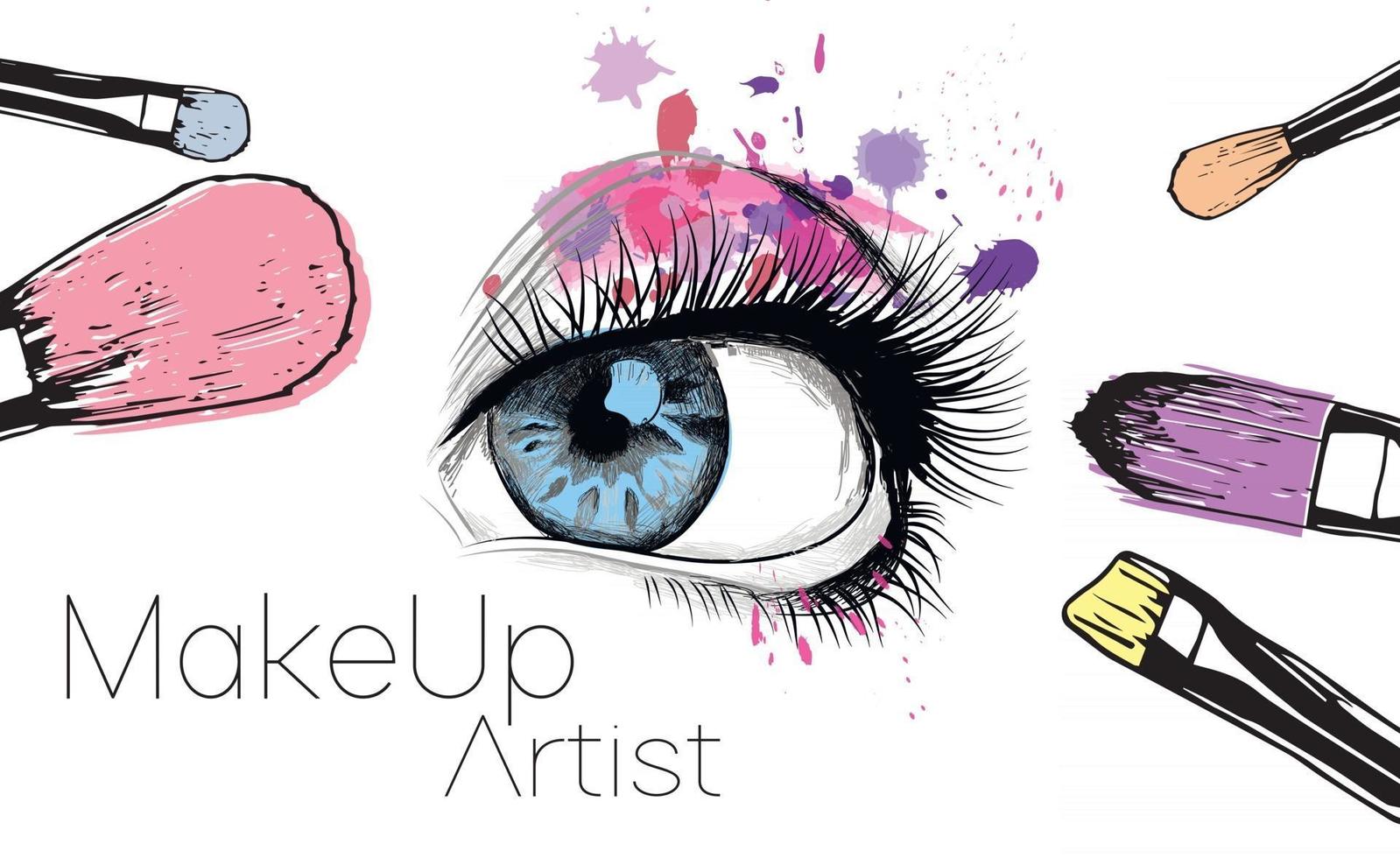 Vector hand drawn illustration of colorful women eye and makeup brushes Concept for beauty salon cosmetics label cosmetology procedures visage and makeup