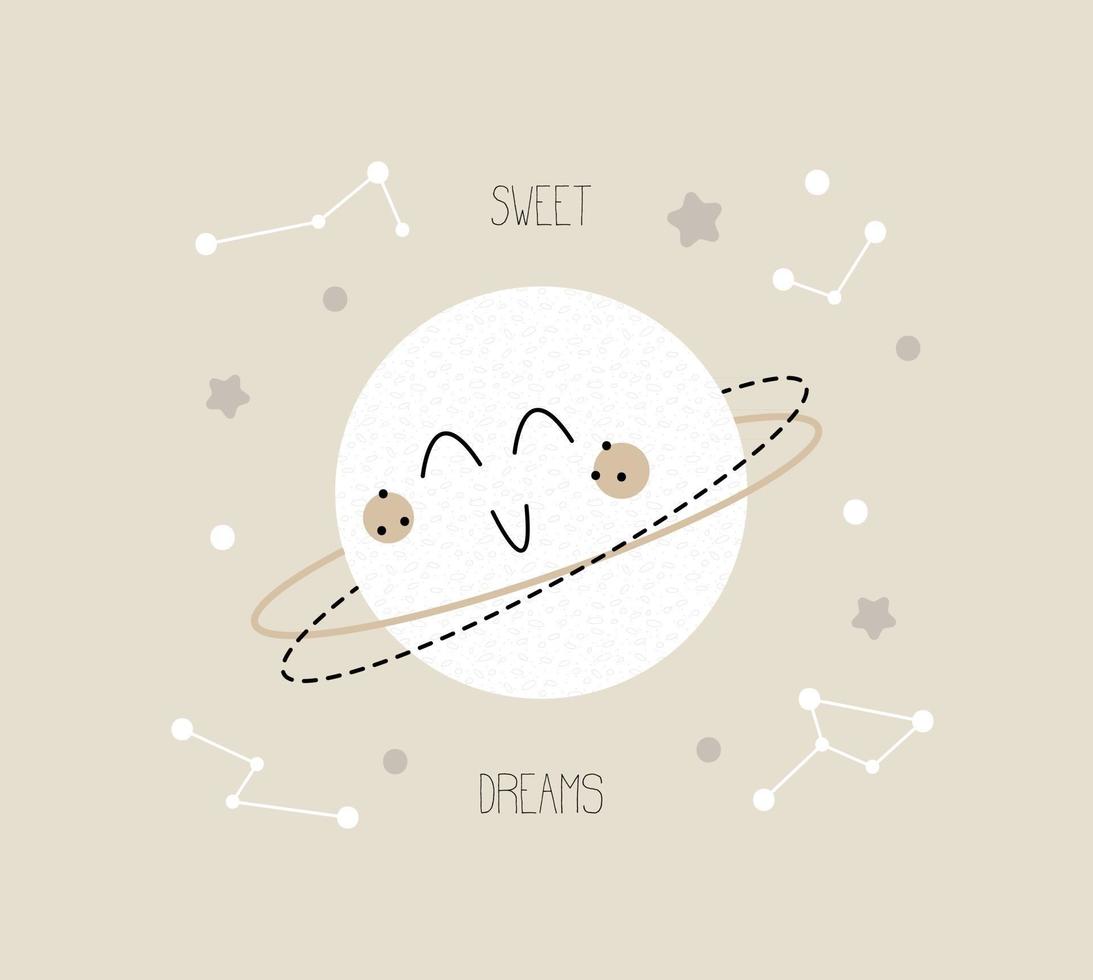 Childish cute space illustration Saturn Sweet dreams concept vector