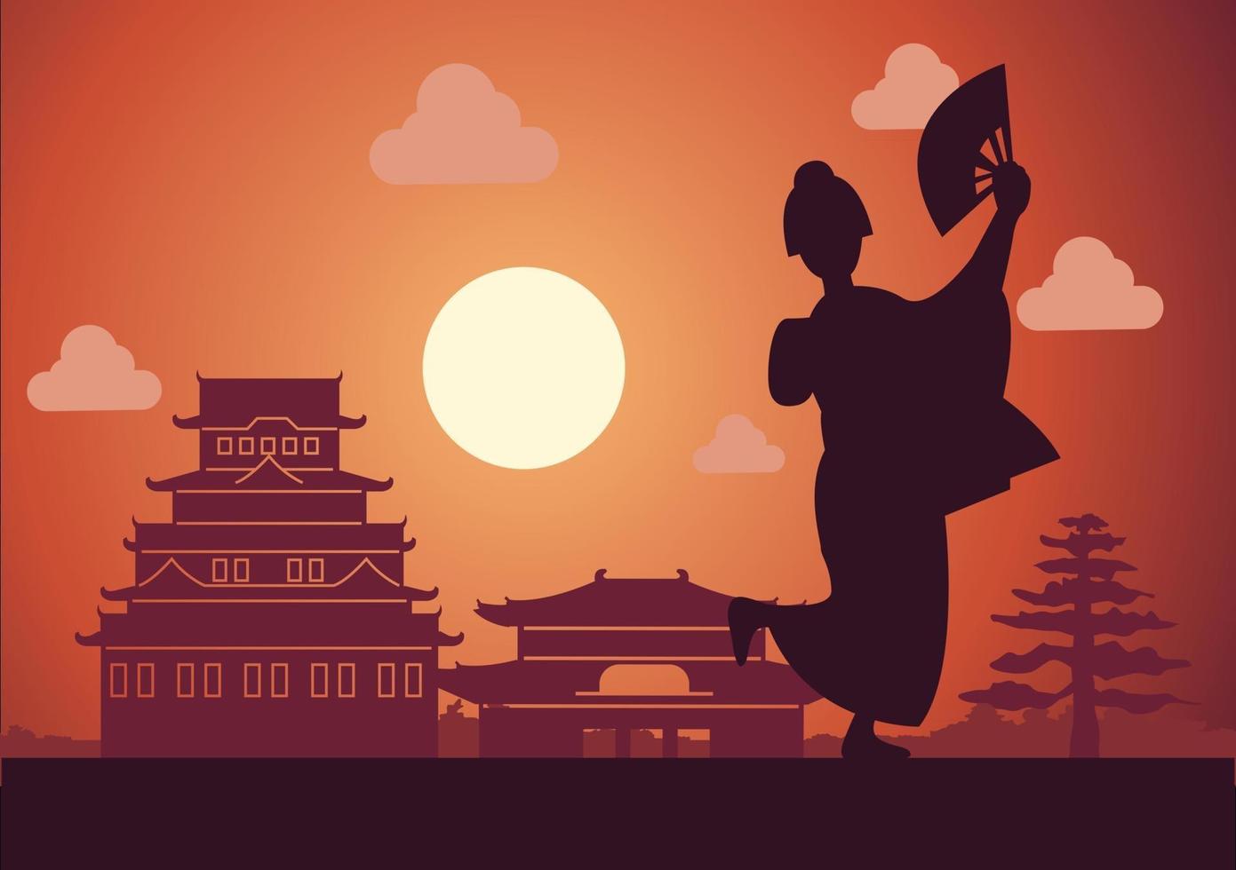 Japanese girl in national costume called kimono stand in front of buildings vector