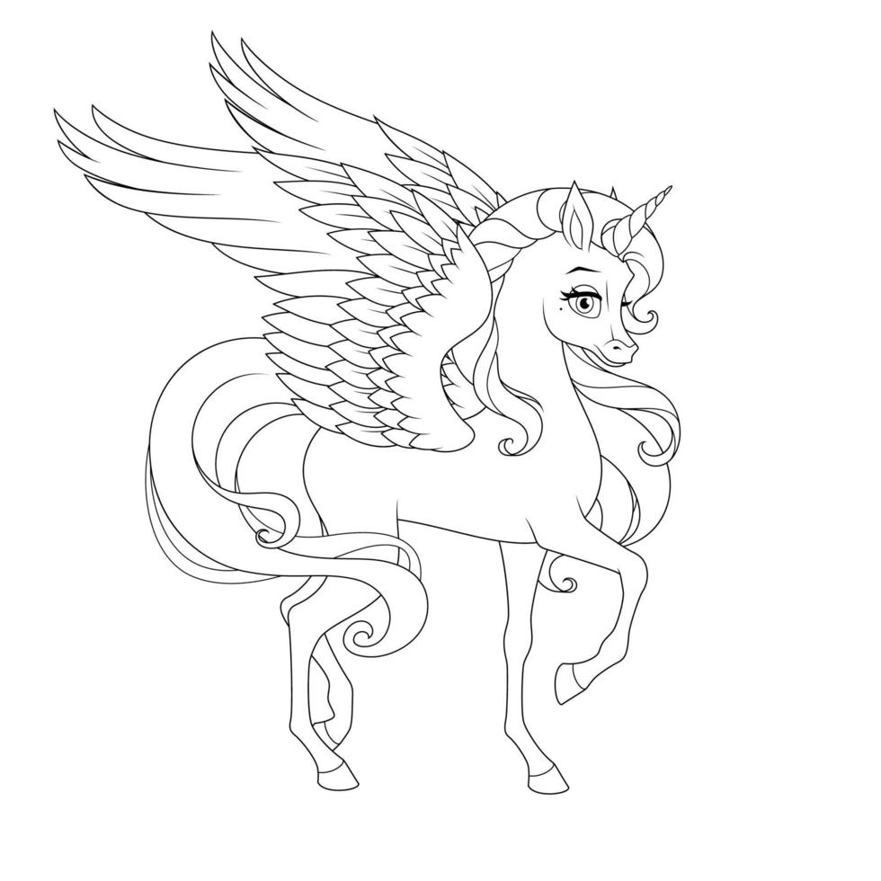 Beautiful unicorn with wings vector black and white ...