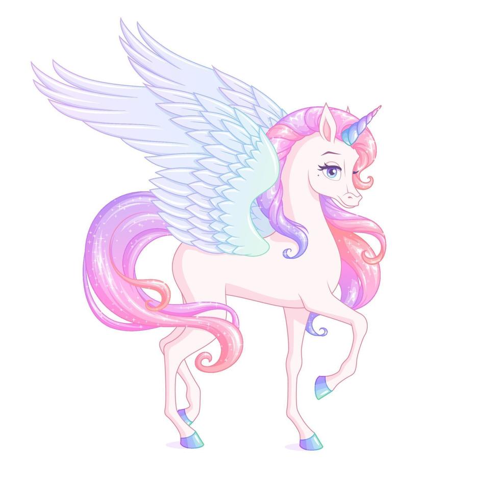 Beautiful winged unicorn with pink mane vector illustration