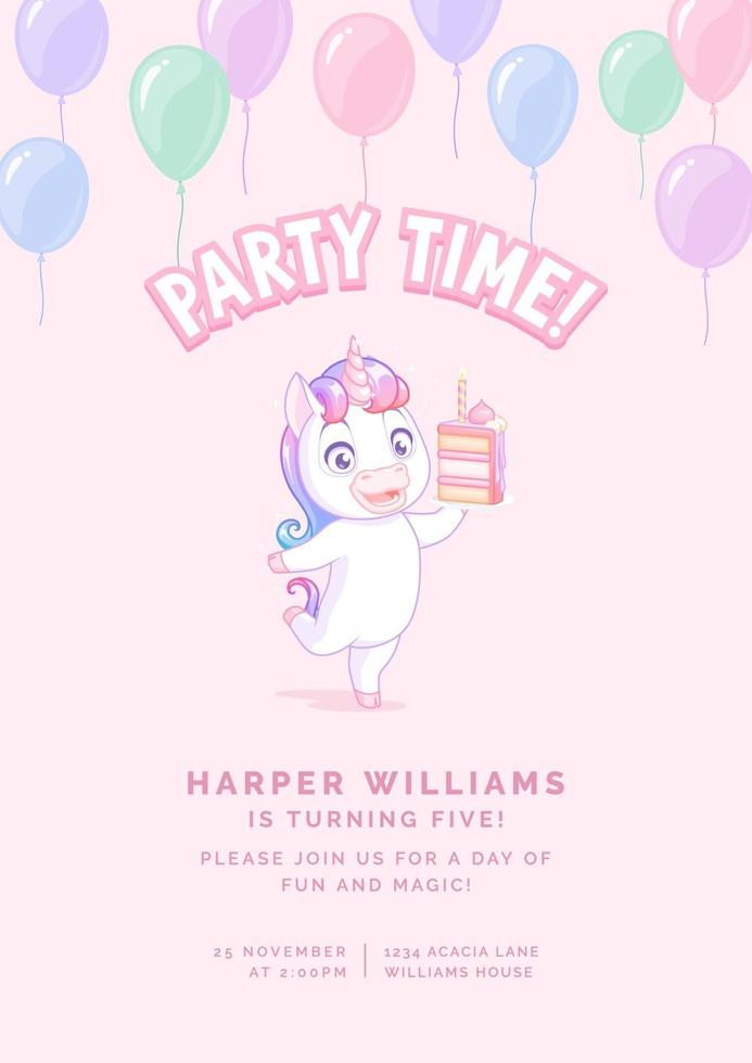 Invitación de fiesta de cumpleaños de vector rosa con unicornio y pastel