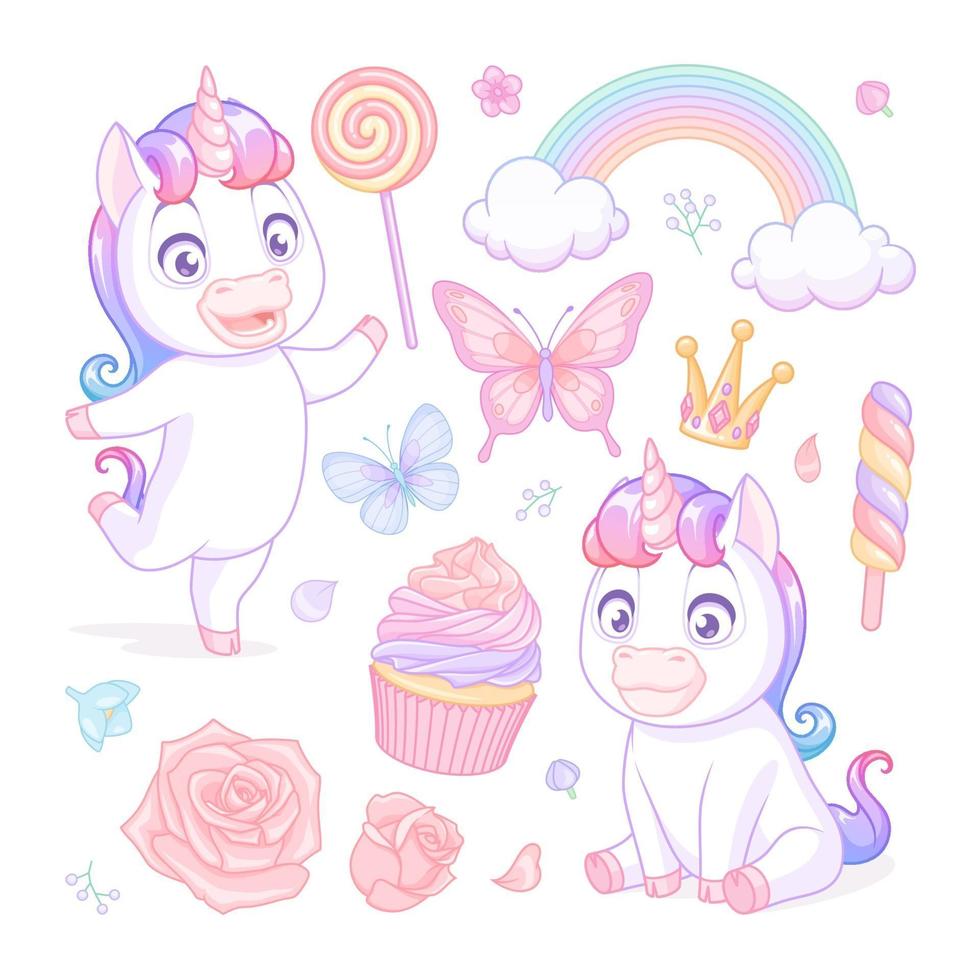 vector con lindos unicornios dulces flores y mariposas