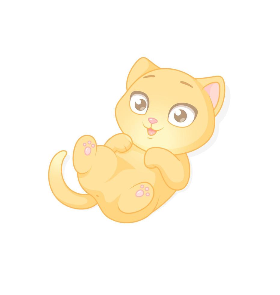 Cute playful ginger kitten lying down cartoon vector character isolated on white background