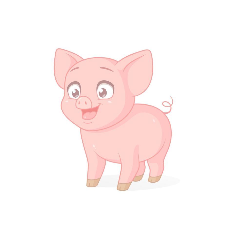 Cute happy pink baby piglet vector cartoon character isolated on white background