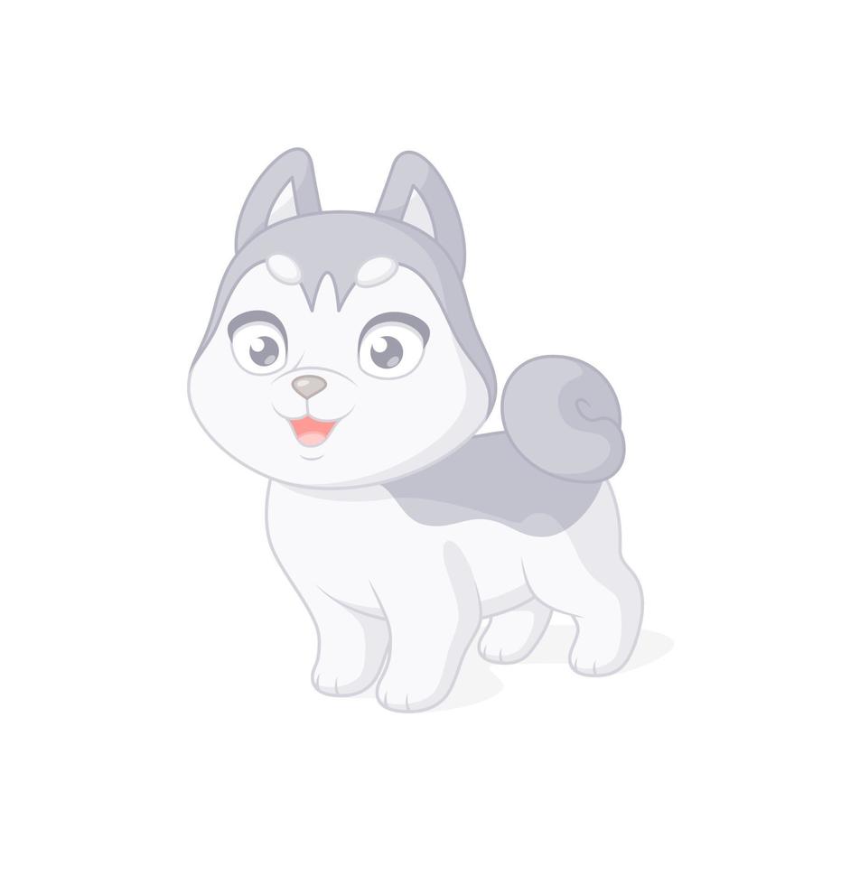 Lindo personaje de vector de dibujos animados de cachorro de husky siberiano de pie aislado sobre fondo blanco