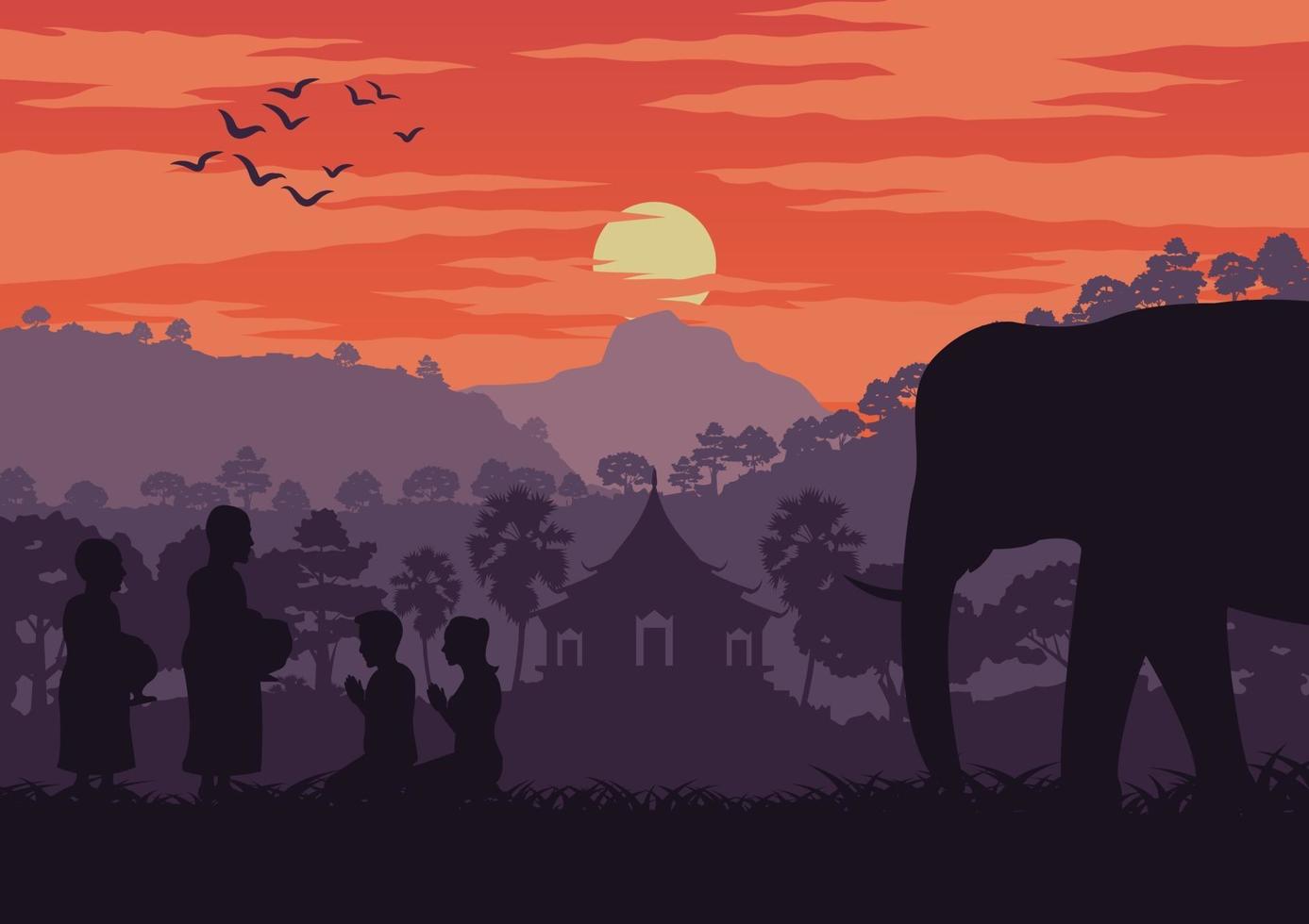 Monks and elephant in Thailand at sunset vector