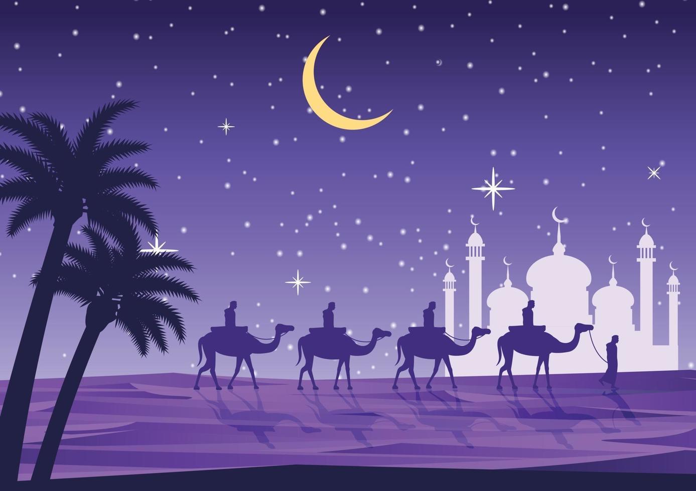 Caravan of camels in front of mosque vector