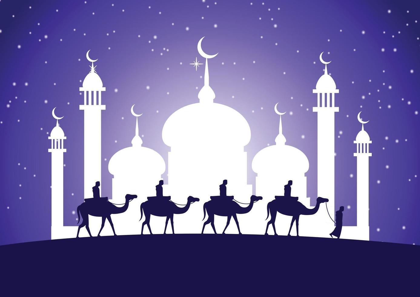 Caravan of camels in front of mosque vector